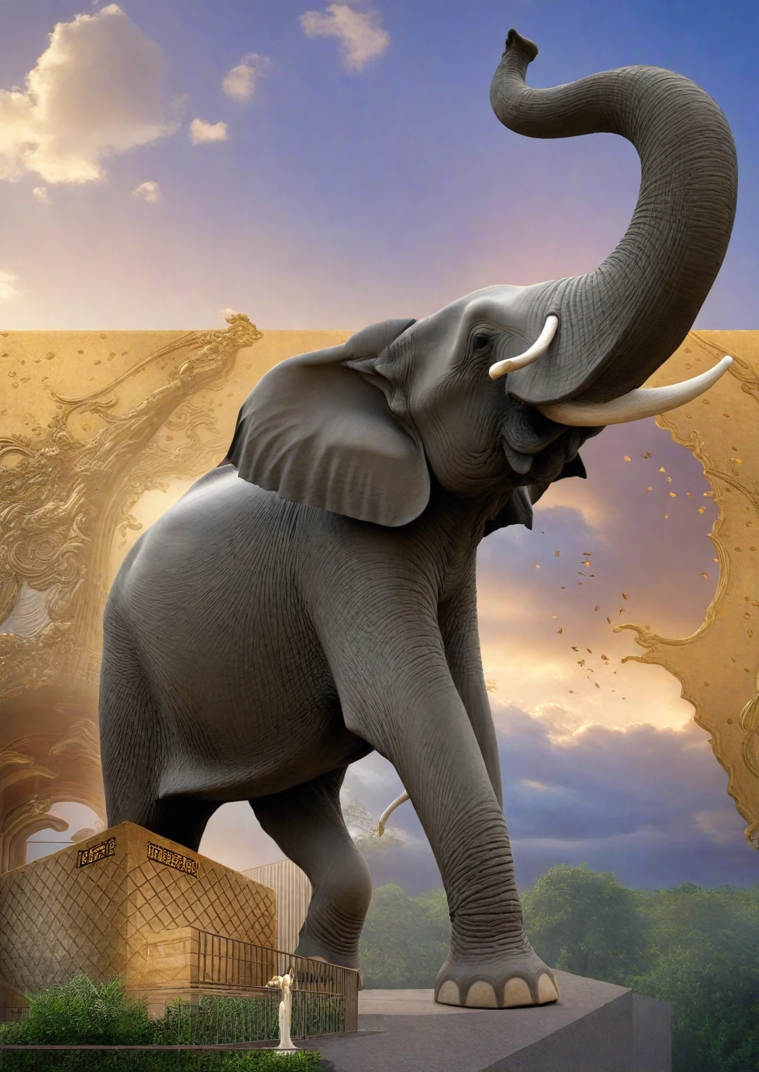 there is a large elephant statue in front of a building, elephant, wonderful, focus on the elephant, Wallpapers – 1 0 2 4, the best of elephants, flying elephant, a photo of an elephant, iron, outside, wonderful, Animal shaped statues, an elephant, View, an elephant king, moving, Mammoth, elephant in the room