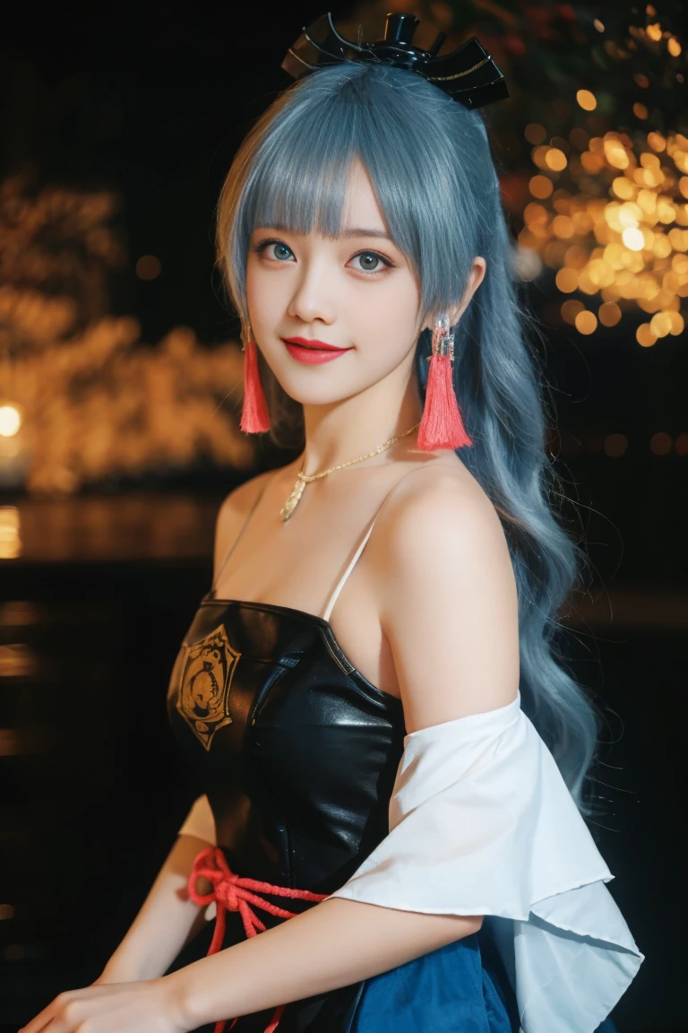 best quality, tmasterpiece,Ultra-high resolution,Clear face,(Reality:1.4),ferpect lighting,(upper body shot:1.5), (photorealistic:1.50), anime wallpaper, Guviz style artwork, cover-up fantasy up to magic , by Yang J, Guviz, beautiful artwork illustration, beautiful digital artwork, beautiful digital illustration, Li Song, beautiful anime portrait, art style in Beauvot,1girl,black hair, long hair,bangs, smile,Blush,(front:1.3),(standing:1.3), Bare shoulders, Cheeks flushed, Blush, Eye bags closed, double eyelids,
herry blossoms, tree, 独奏, Aurora, fireworks, long_hair, fireflies, light_particles, pine_tree, snowflake_background, milky_way, aerial_fireworks, headdress, arms behind body, blue_eyes, smile, face focus,photorealistic:1.4 detailed face,detailed eyes,shiny skin