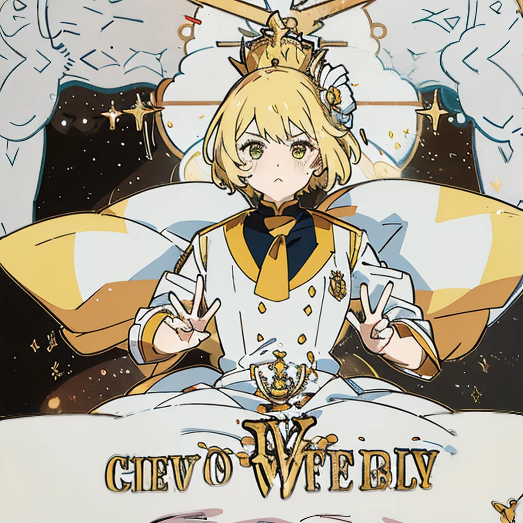 feminine, Kizi, fly away, sexly, yellow  eyes, yellow hair, white suit, yellow tie, yellow crown
