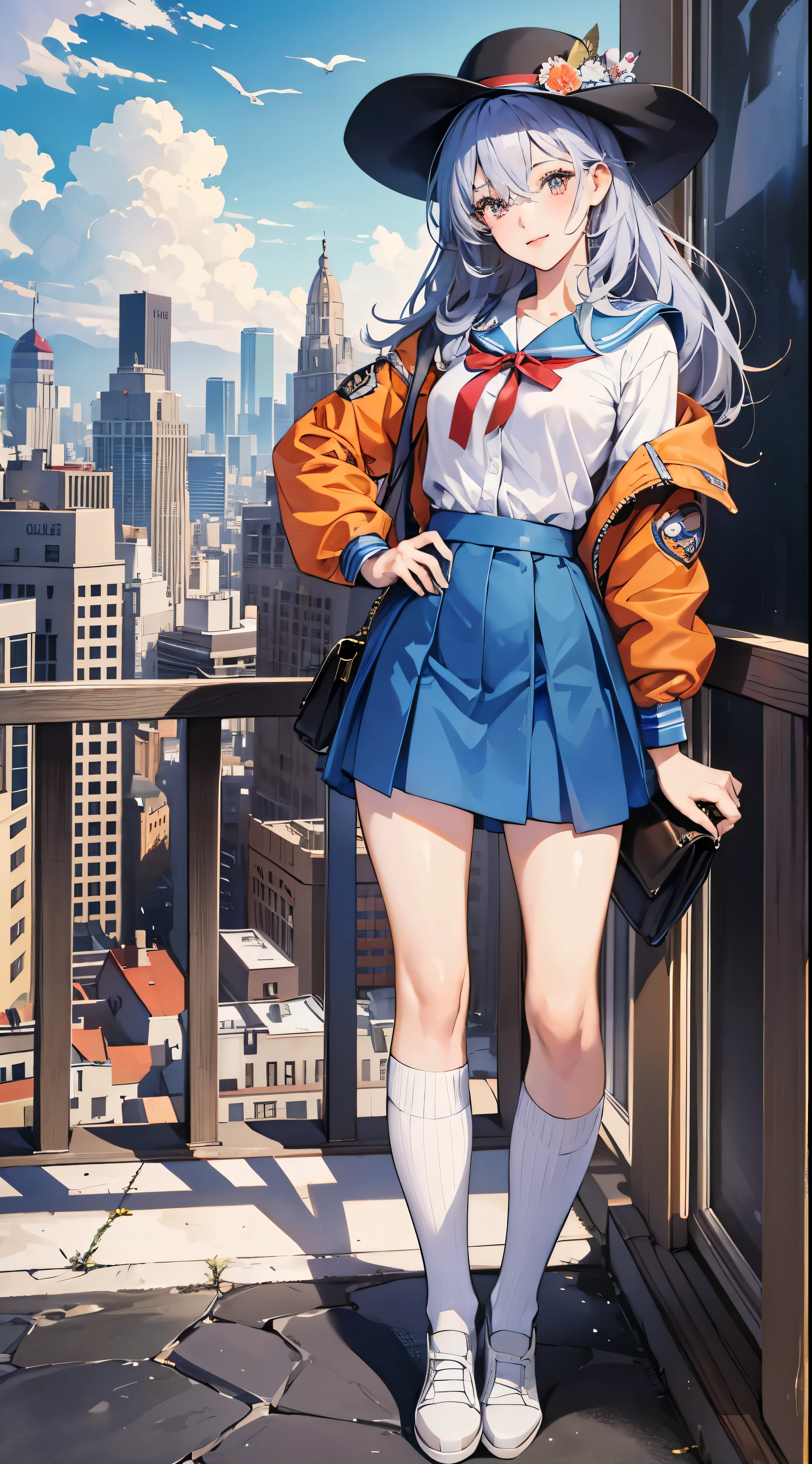 Beautiful high school girl beauty contest finalyto((masterpiece)), ((Highest quality)), ((High resolution)), ((Ultra-high definition CG Unity 8K wallpaper)), solo, Orange, Blue blazer and skirt set, White socks, A small smile, Full-body high-resolution image on the rooftop,Facial details