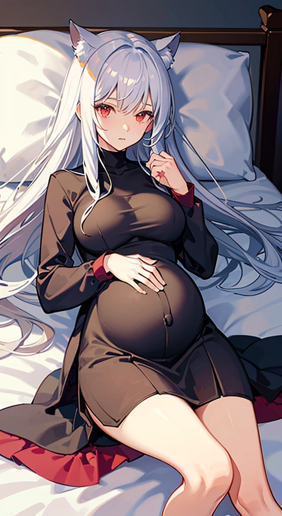 one pregnant anime girl with white hair and red eyes, chained and laying on a bed. Sad. breast feeding