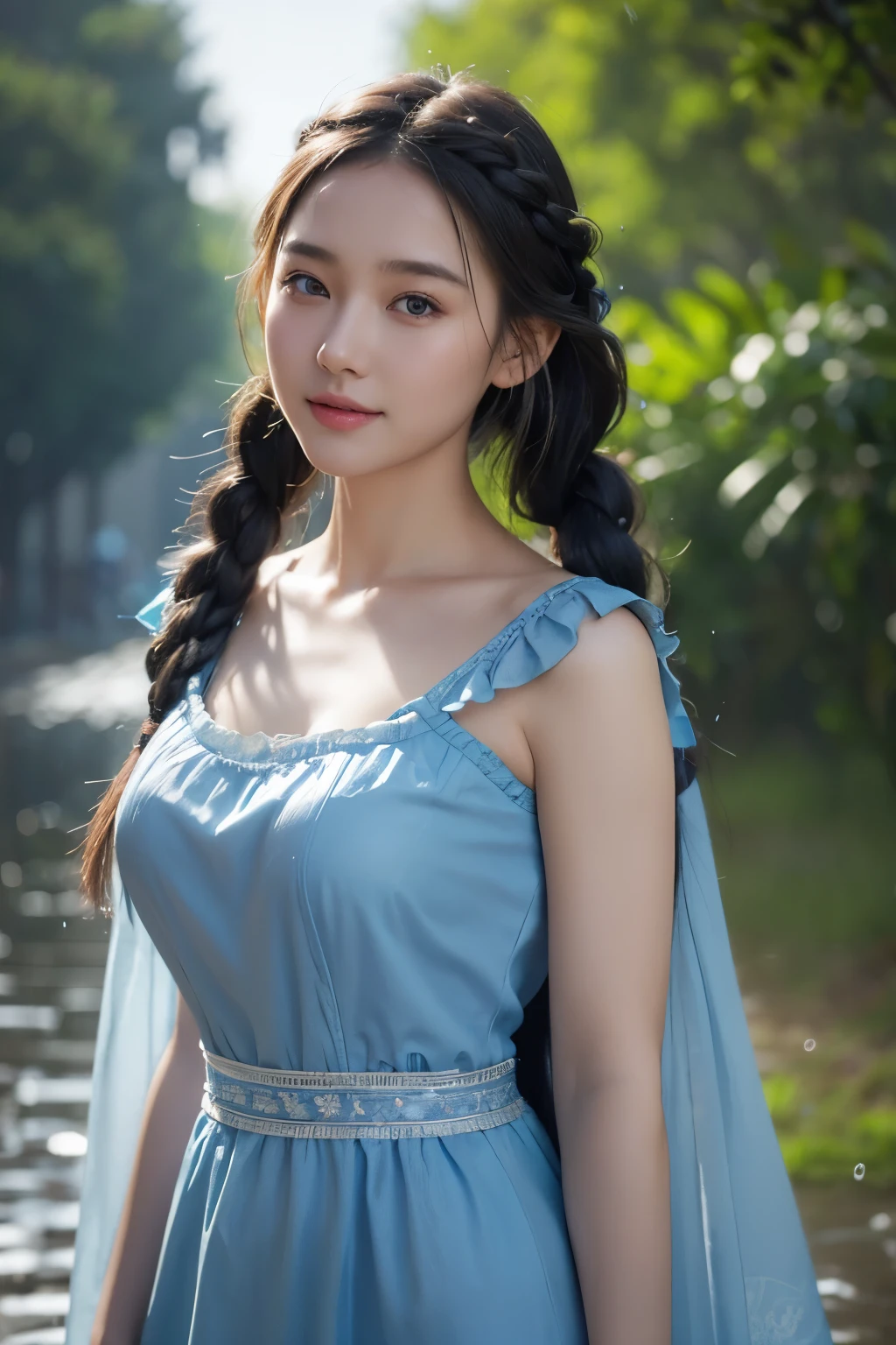 Super detailed face in each part, woman with braids and blue dress standing in the light rain, extremely beautiful young woman, realistic rendering of the girl, super detailed face, eyes, skin, charming smile captivating, guweiz style artwork, 8k portrait rendering, surreal concept art, utopian rendering, beautiful digital artwork, masterpiece, 8K