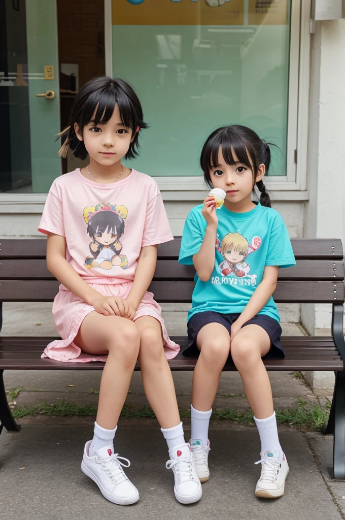 Anime kid boy and girl having icecream and sitting in on bench