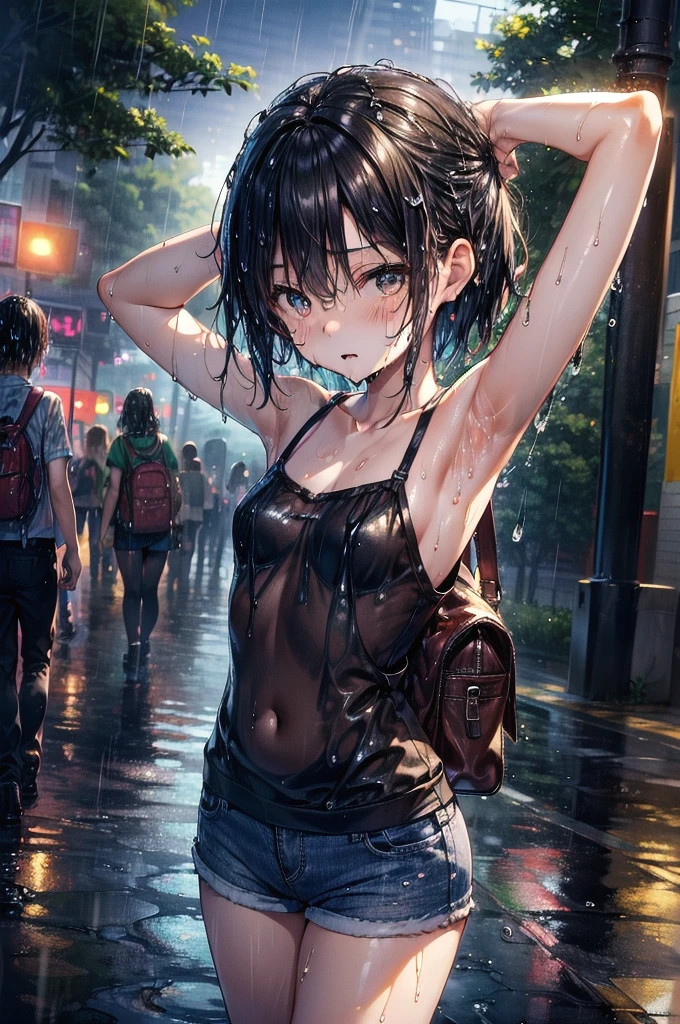 ((masterpiece,Highest quality;1.3,Best illustrations)), ((get wet:1.5)), (Raise your arms, Please show me your armpits:1.3), (Beautiful breasts, Large Breasts), Cowboy Shot,1 Girl、-yeld gialone,((very small head:1.5)),Black Hair, Bobcut, Open forehead, short hair, Brown eyes,Gorgeous eyes,blush,((Very long body:1.3)),((Toned body,Slender body,skinny)),Glowing Skin,Shiny skin,Oily skin,(Soaked in the rain、camisole、Micro Shorts)、Carrying a black backpack、heavy rain、rain、on the road,Tokyo,