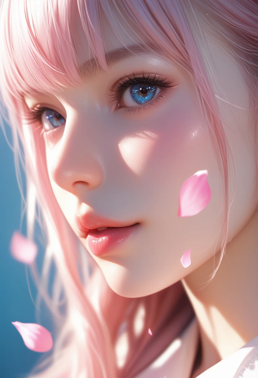 score_9, score_8_up, score_7_up, Girl's profile picture, light pink long hair with bangs, light blue petals on cheeks, realistic skin texture, detailed picture, close-up, HD32k