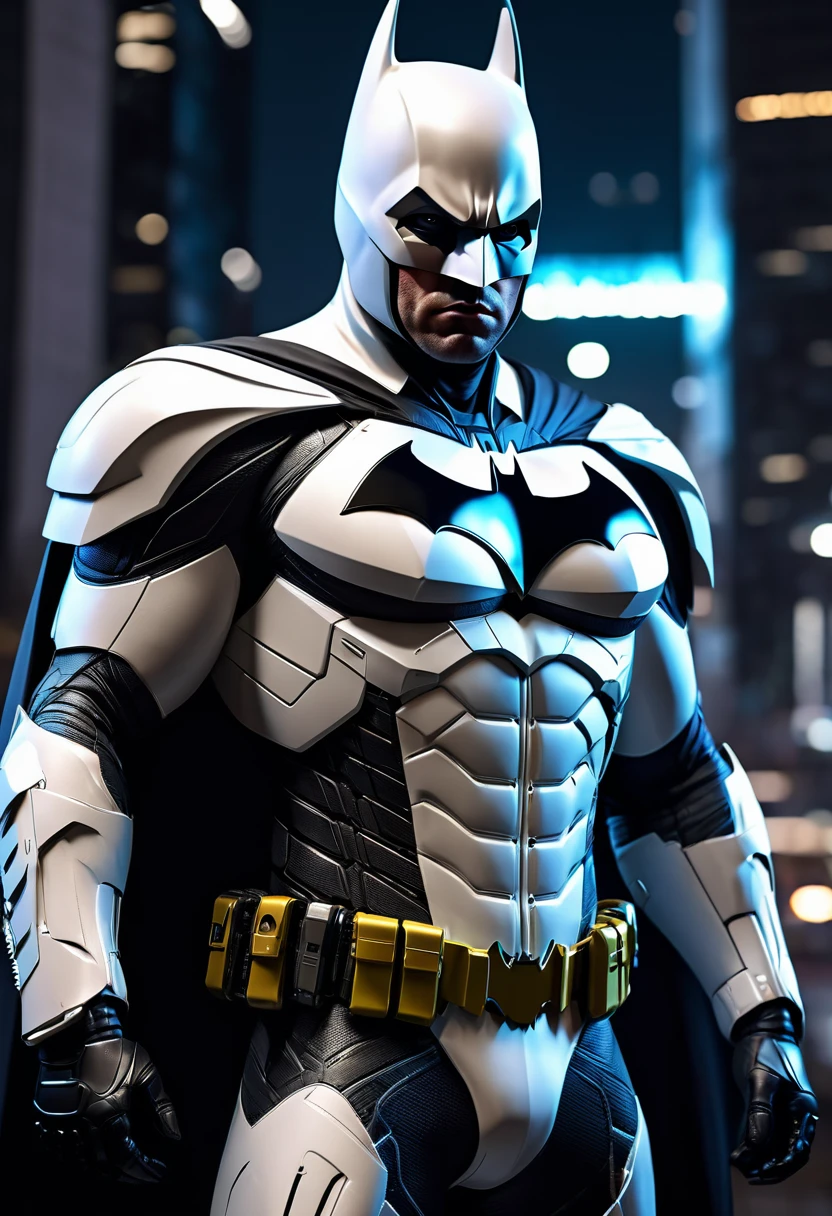 a hyper-realistic Batman in a white cyberpunk suit, masterfully rendered, full body shot, 8k resolution, cinematic lighting, highly detailed, photorealistic, (best quality,4k,8k,highres,masterpiece:1.2),ultra-detailed,(realistic,photorealistic,photo-realistic:1.37),cinematic lighting,dramatic pose,intricate details,advanced technology,sleek design,futuristic elements,intricate machinery,glowing energy,dynamic composition
