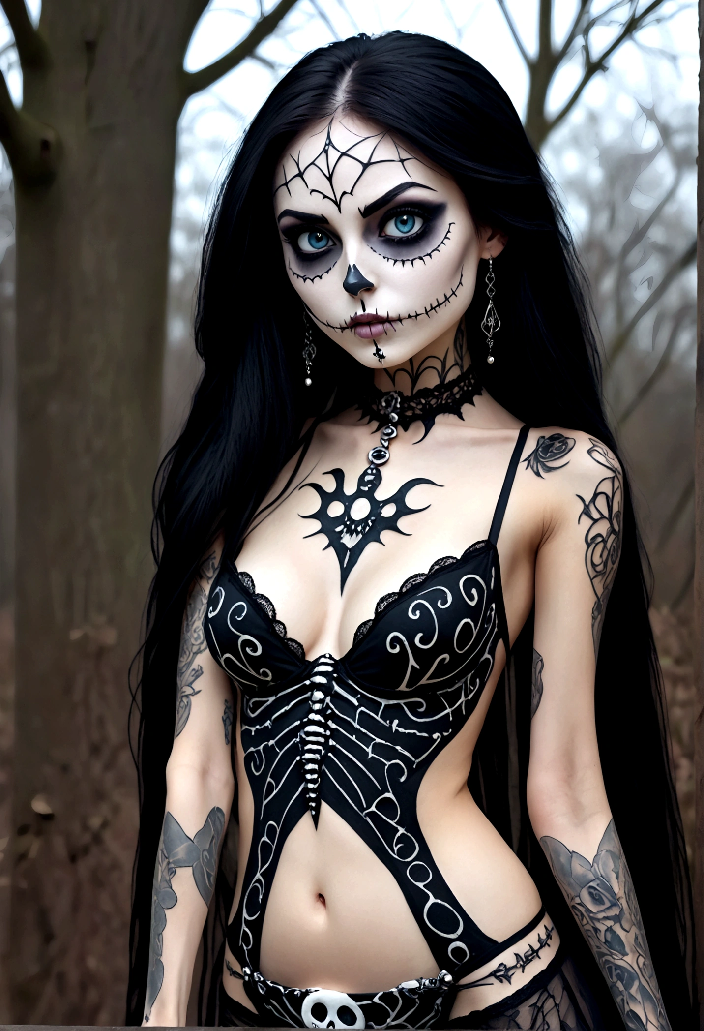 Create a hyper detailed photograph of a jack Skellington tattoos young stunning gorgeous sexy sally Skellington, Stunningly perfect gorgeous face, perfect skeleton make up, detailed vibrant eyes, long black hair,detailed perfect beautiful legs, detailed perfect beautiful arms, realistic torso, detailed pale silky smooth skin, detaile perky breast, perfect round ass, transparent strappy lace lingerie, facing backwards looking forward,