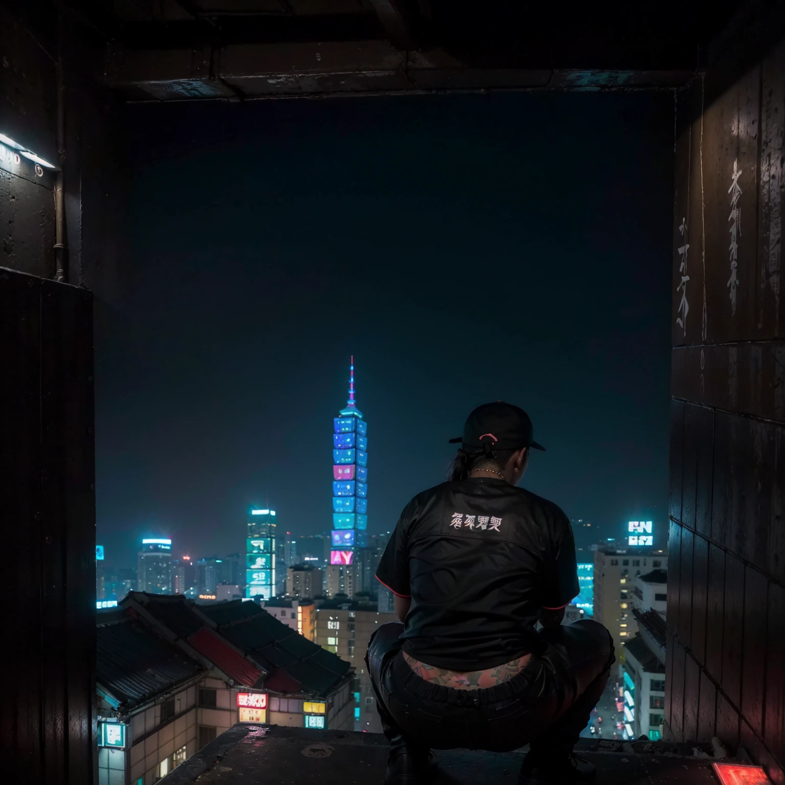 night, neon light, (taipei downtown scenery), (rapper squat in edg90hh cloth), (dark silhouette from back, from behind), (city rooftop),  (city skyline), (cinematic), (album cover)

