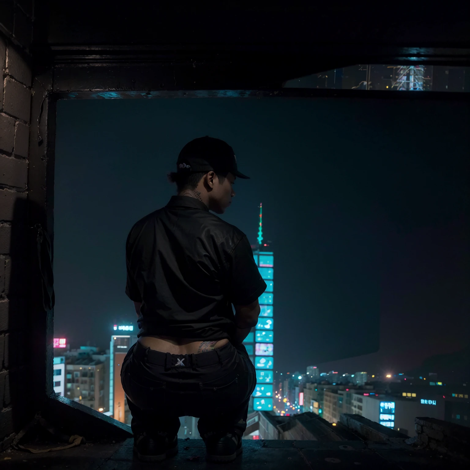 night, neon light, (taipei downtown scenery), (rapper squat in edg90hh cloth), (dark silhouette from back, from behind), (city rooftop),  (city skyline), (cinematic), (album cover)

