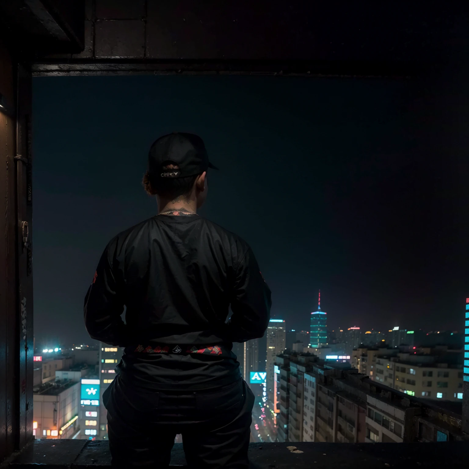 night, neon light, (taipei downtown scenery), (rapper squat in edg90hh cloth), (dark silhouette from back, from behind), (city rooftop),  (city skyline), (cinematic), (album cover)

