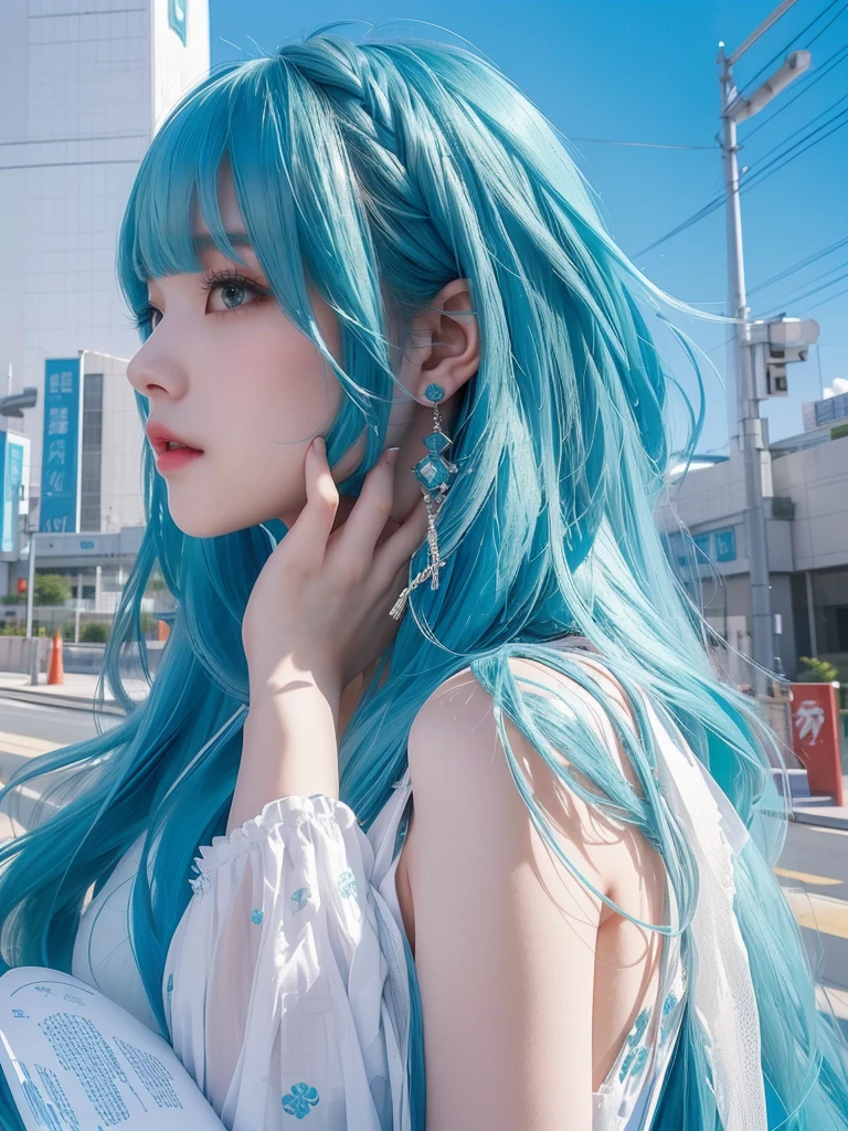 一名身着Blue Hair和粉色短裤的女子站在拥挤的地方, Belle Delphine, , Real life girl, Role Player, In the cyberpunk city, Ava Max, Blue Hair, Popular content on cgstation, In the network city, Long blue hair, Hatsune Miku Cosplay, Has long green-blue hair