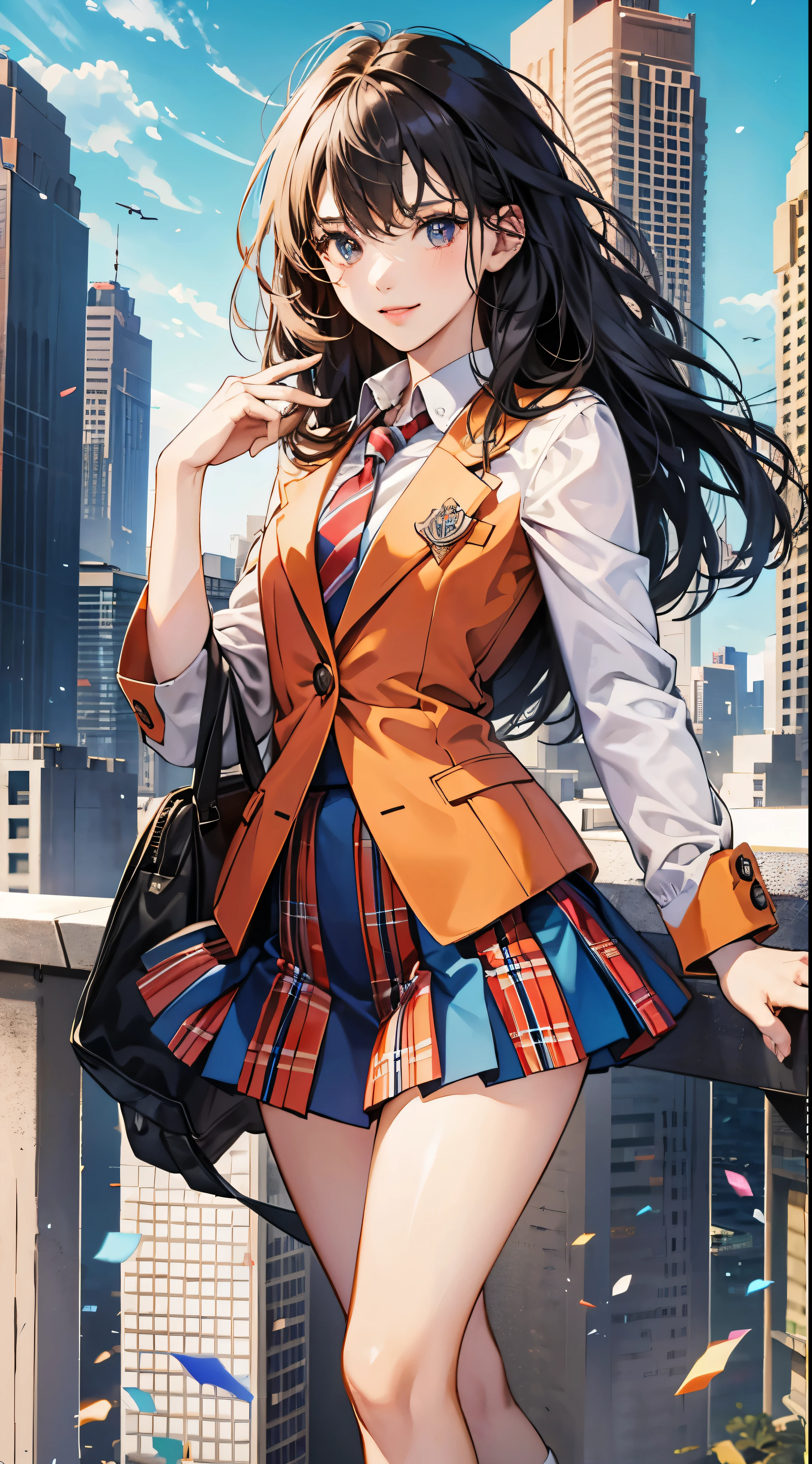 Beautiful high school girl beauty contest finalyto((masterpiece)), ((Highest quality)), ((High resolution)), ((Ultra-high definition CG Unity 8K wallpaper)), solo, Orange, Blue blazer and skirt set, White socks, A small smile, Full-body high-resolution image on the rooftop,Facial details