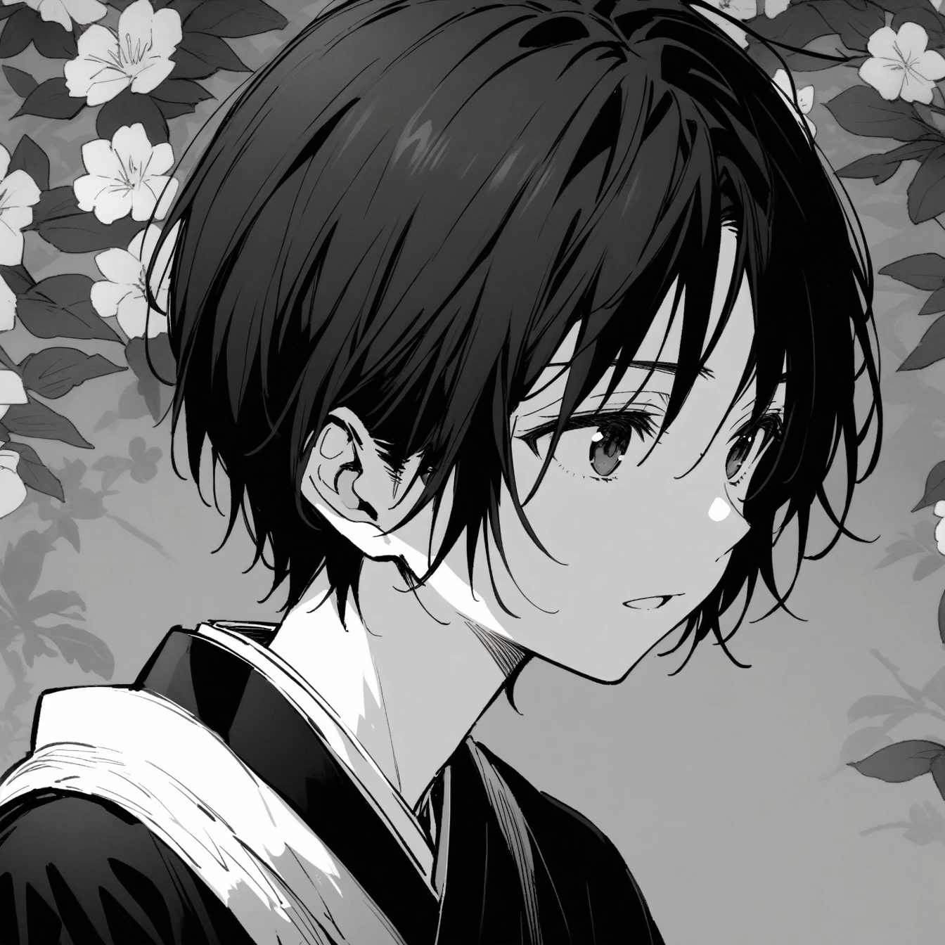 Beautiful anime portrait,Black and gray monochrome,Oriental Wallpaper,Pink,Feeling,very anime style,1 boy,,Kirigaya Kazuto,Kirito ,Kazuto Kiritani,Flowers,Close-up,Soft Light,Rich in details,The expression is firm,Kimono decoration,Background blur,Vivid colors,情Feeling深沉,front,Black eyes