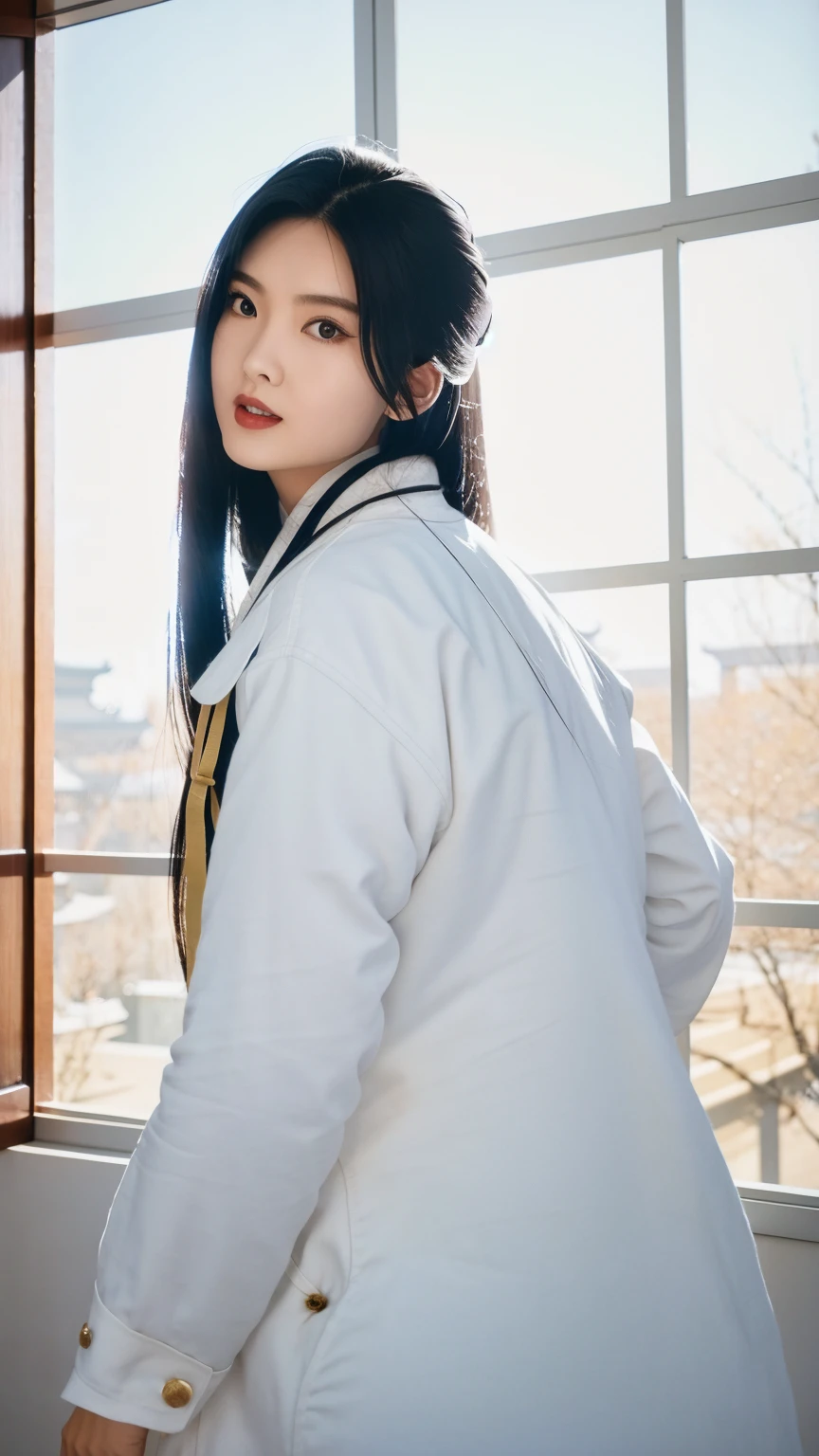 1 fashion model 18 years old [[[[close up]]]], [[[[neck]]]], [[[[Shoulder]]]], Perfect eyes, Perfect Iris，Perfect lips，Perfect Teeth，Perfect skin，White skin，Soft headlight，High-density imaging，Black long hair，（Clean and delicate face），((Chinese clothing))，((Background is indoor))，((window))，best quality，masterpiece，（Soft colors：1.2）