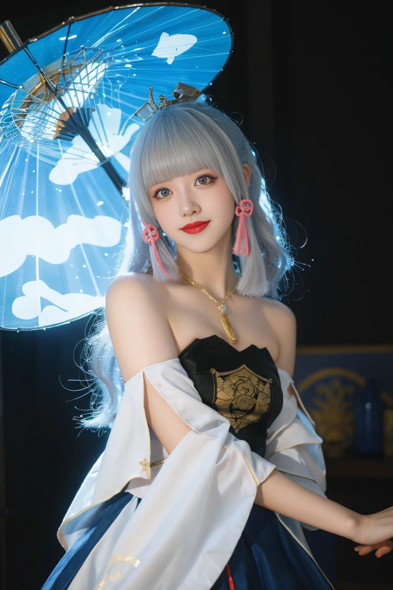 best quality, tmasterpiece,Ultra-high resolution,Clear face,(Reality:1.4),ferpect lighting,(upper body shot:1.5), (photorealistic:1.50), anime wallpaper, Guviz style artwork, cover-up fantasy up to magic , by Yang J, Guviz, beautiful artwork illustration, beautiful digital artwork, beautiful digital illustration, Li Song, beautiful anime portrait, art style in Beauvot,1girl, silver hair, long hair,bangs, smile,Blush,(front:1.3),(standing:1.3), Bare shoulders, Cheeks flushed, Blush, Eye bags closed, double eyelids,
herry blossoms, tree, 独奏, Aurora, fireworks, long_hair, fireflies, light_particles, pine_tree, snowflake_background, milky_way, aerial_fireworks, headdress, arms behind body, blue_eyes, smile, face focus,photorealistic:1.4 detailed face,detailed eyes,shiny skin