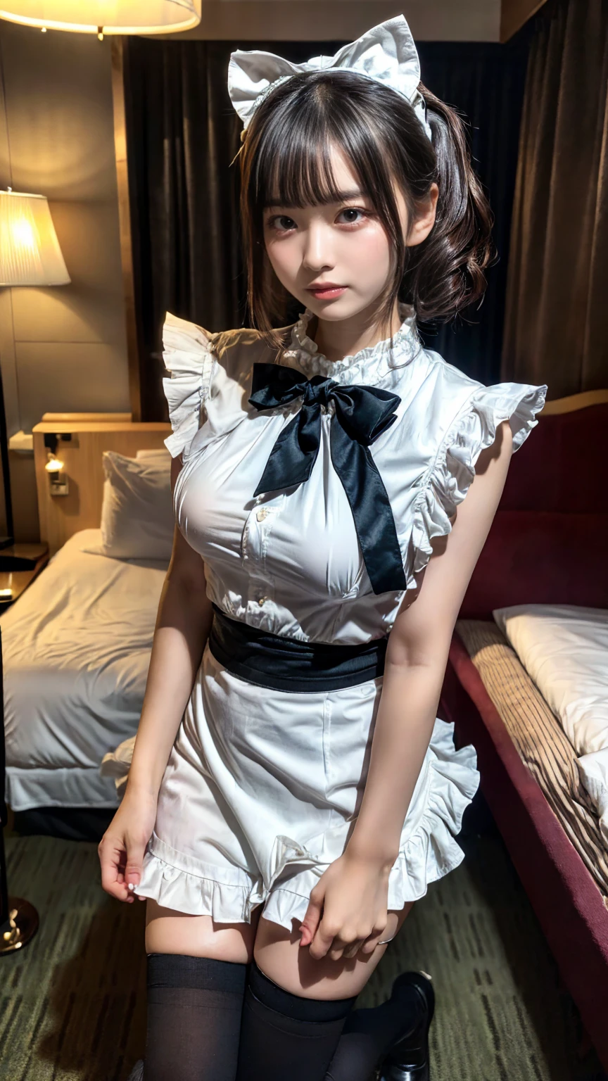 (8K, RAW Photos, Highest quality, masterpiece:1.2), (professional photography, full colors, studio-caliber color grading), (Gravure quality for high-end fashion magazines), close up, BREAK,18 year old girl, short hair, (wavy hair:1.2), ponytail, crying a little, Harajuku style, Big Natural Color Lip, (Plumpy body:1.2 (smooth skin:1.1 (huge breasts:1.2 BREAK (bow ribbon, Maid, knee high socks:1.3 Aside Cutter Shirt, frill skirt, BREAK (hotel room:1.2)