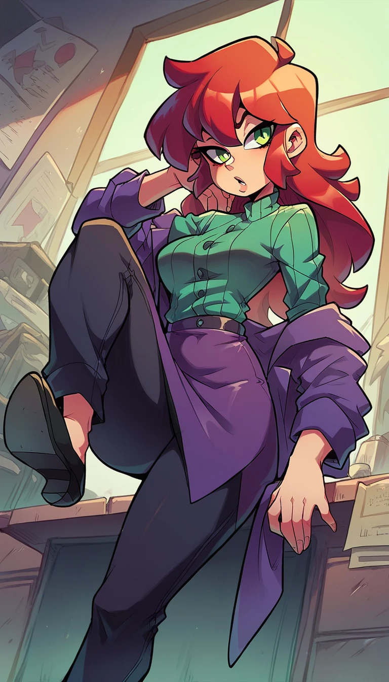 the hex girls light skin sexy attractive dresses red hair Shine tousled cut her green eye dresses purple button office coat and pants purple skirt long black heel