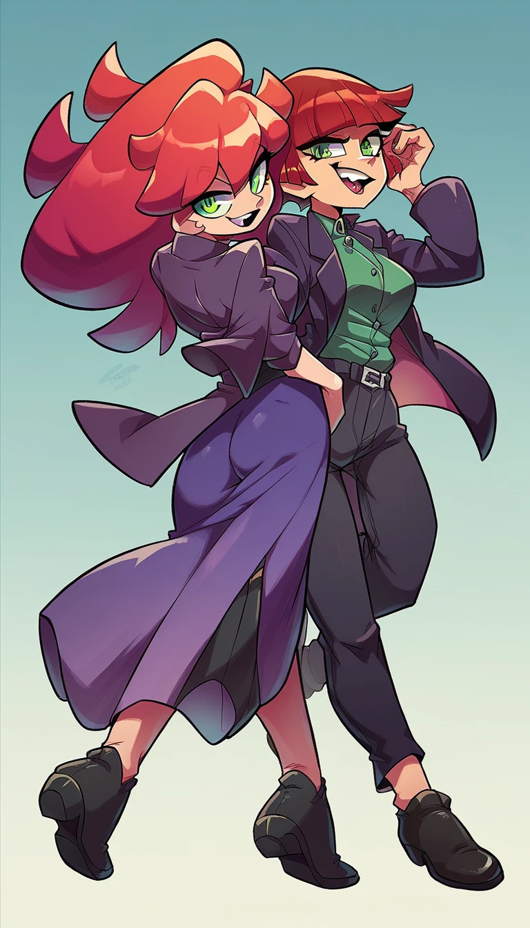  the hex girls light skin sexy attractive dresses red hair Shine tousled cut her green eye dresses purple button office coat and pants purple skirt long black heel