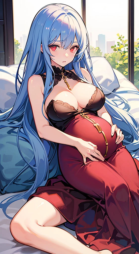 one pregnant anime girl with white hair and red eyes, chained and laying on a bed. Sad. breast feeding