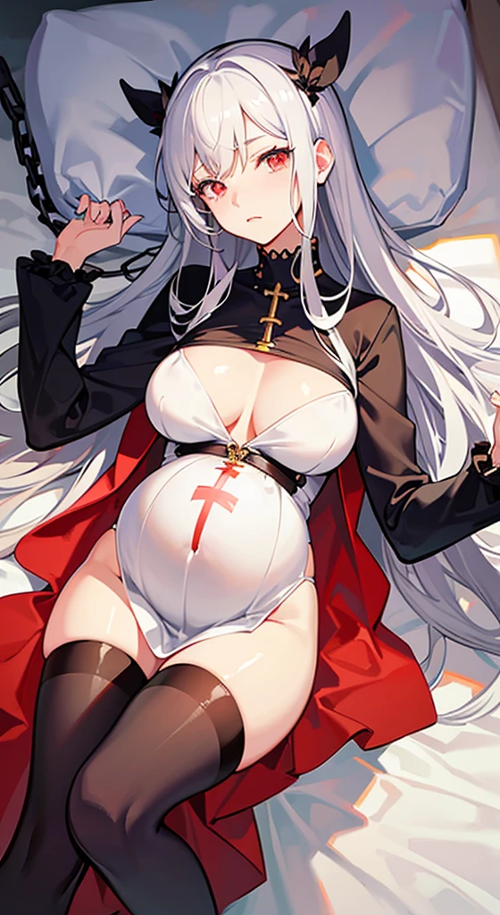 one pregnant anime girl with white hair and red eyes, chained and laying on a bed. Sad. breast feeding