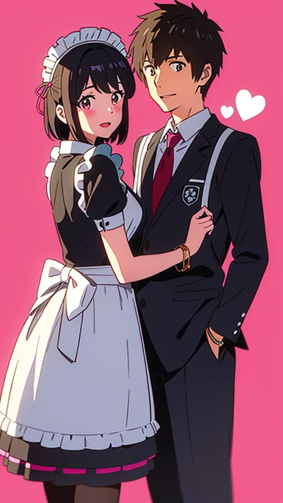 shinkai makoto, kimi no na wa., 1girl, 1boy, bangs, black hair, blush, brown eyes, (boy wear Suspender Clothes), ((girl wear maid dress, maid, apron, maid headdress, short dress, Off-the-shoulders)), bow, ribbon, short hair, smile, open mouth, looking at the viewer, cute, love, heart, couple, adorable, dating, bracelet, valentine background, Valentine's Day