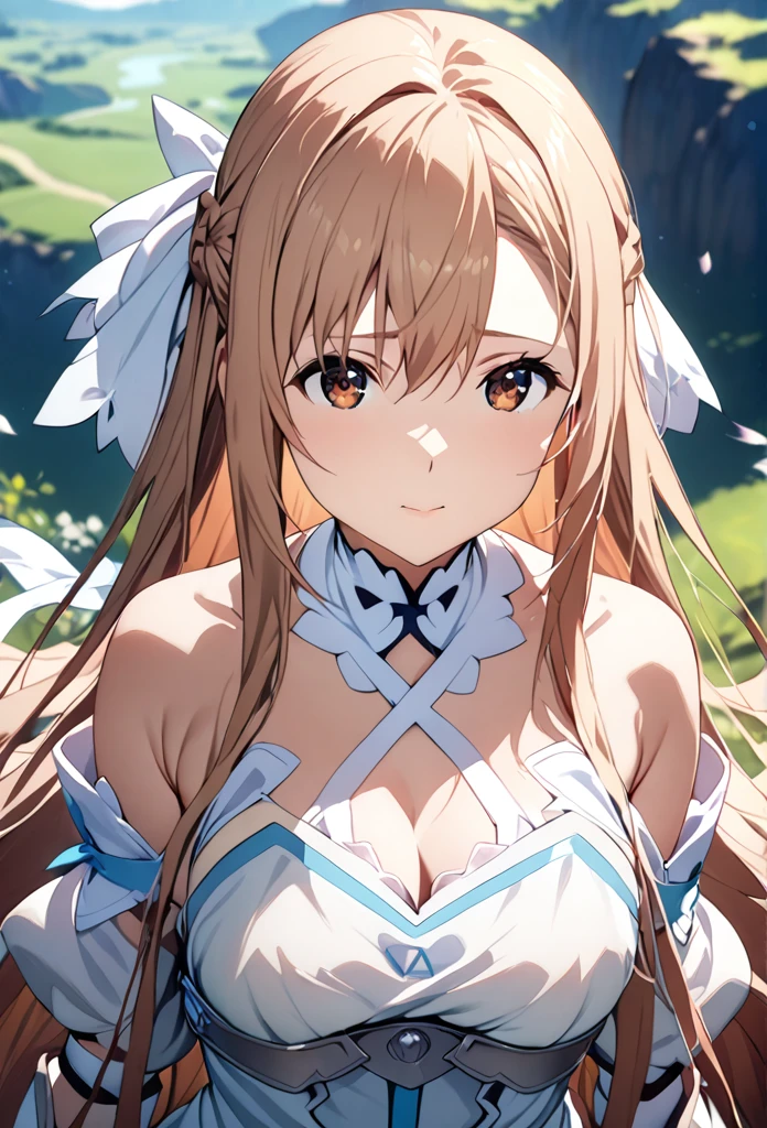 ((masterpiece)), Highest quality, Very detailed,(One Girl),Yuki Asuna、Asuna (Stay), Brown eyes,It has four eyes,  Bare shoulders, chest当て, armor, Removable sleeves, gloves, white gloves, dress, (red and white dress), Long Hair, Beautiful background ,clothing,  chest, 