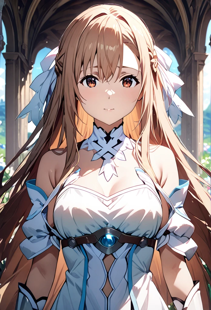 ((masterpiece)), Highest quality, Very detailed,(One Girl),Yuki Asuna、Asuna (Stay), Brown eyes,It has four eyes,  Bare shoulders, chest当て, armor, Removable sleeves, gloves, white gloves, dress, (red and white dress), Long Hair, Beautiful background ,clothing,  chest, 