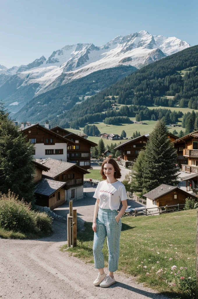 her name is Elektra, high quality, 1girl, ((20-year-old fit Caucasian woman)), ((20 years old)), ((fit)), ((pale skin)), short bob brunette hair, pose: standing, wearing pastel colored Vintage Band Tee with Checkerboard Patterned Trousers, background: From the picturesque Swiss Alps, where snow-capped peaks and charming alpine villages create a postcard-perfect scene.
