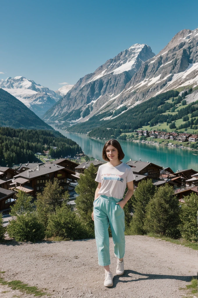 her name is Elektra, high quality, 1girl, ((20-year-old fit Caucasian woman)), ((20 years old)), ((fit)), ((pale skin)), short bob brunette hair, pose: standing, wearing pastel colored Vintage Band Tee with Checkerboard Patterned Trousers, background: From the picturesque Swiss Alps, where snow-capped peaks and charming alpine villages create a postcard-perfect scene.