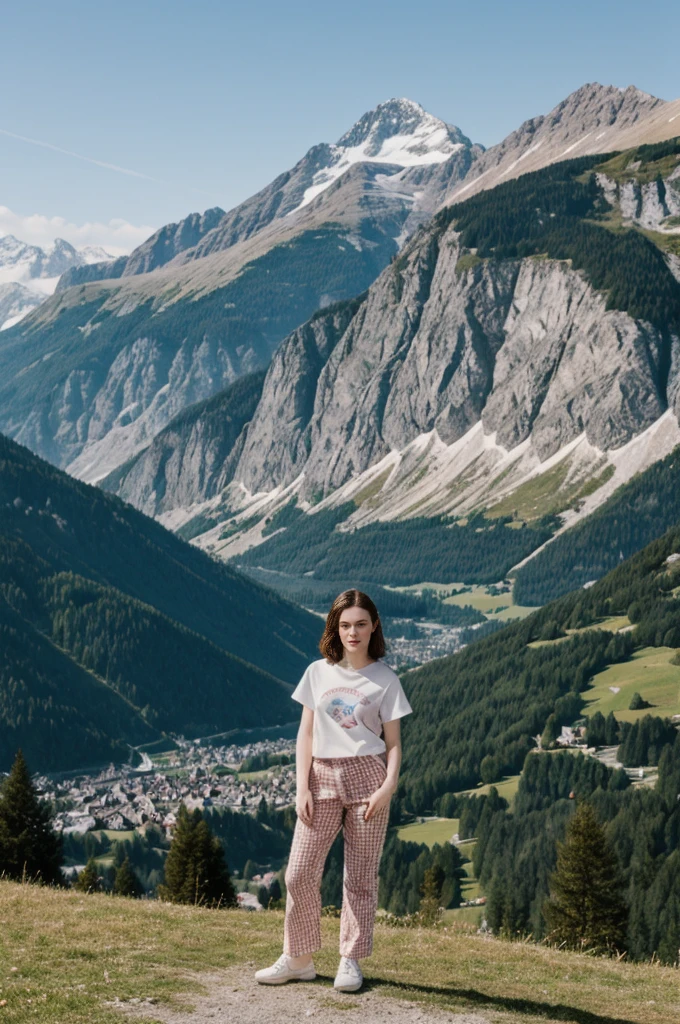 her name is Elektra, high quality, 1girl, ((20-year-old fit Caucasian woman)), ((20 years old)), ((fit)), ((pale skin)), short bob brunette hair, pose: standing, wearing pastel colored Vintage Band Tee with Checkerboard Patterned Trousers, background: From the picturesque Swiss Alps, where snow-capped peaks and charming alpine villages create a postcard-perfect scene.