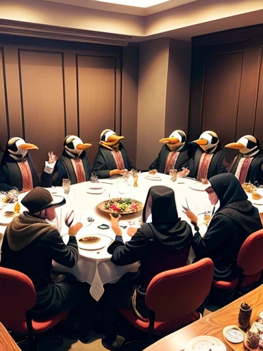 penguins are sitting at a long table with many chairs, at a dinner table, !!posing_as_last_supper, the council of spooky bitches, in meeting together, anthropomorphic penguin, chillin at the club together, everyone having fun, penguinz0, dnd last supper, lawther sit at table playing dnd