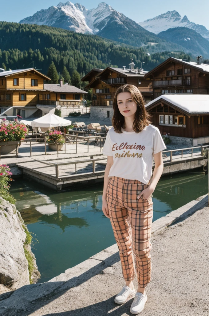 her name is Elektra, high quality, 1girl, ((20-year-old fit Caucasian woman)), ((20 years old)), ((fit)), ((pale skin)), short bob brunette hair, pose: standing, wearing pastel colored Vintage Band Tee with Checkerboard Patterned Trousers, background: From the picturesque Swiss Alps, where snow-capped peaks and charming alpine villages create a postcard-perfect scene.