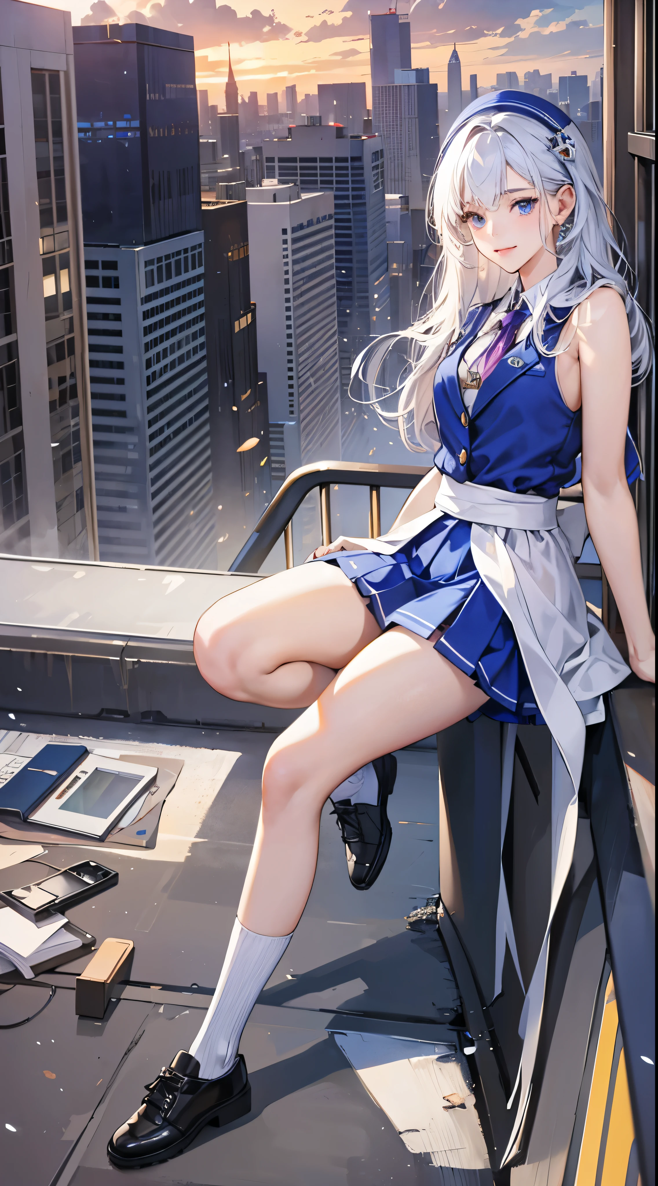 Beautiful high school girl beauty contest finalyto((masterpiece)), ((Highest quality)), ((High resolution)), ((Ultra-high definition CG Unity 8K wallpaper)), solo, Orange, Blue blazer and skirt set, White socks, A small smile, Full-body high-resolution image on the rooftop,Facial details