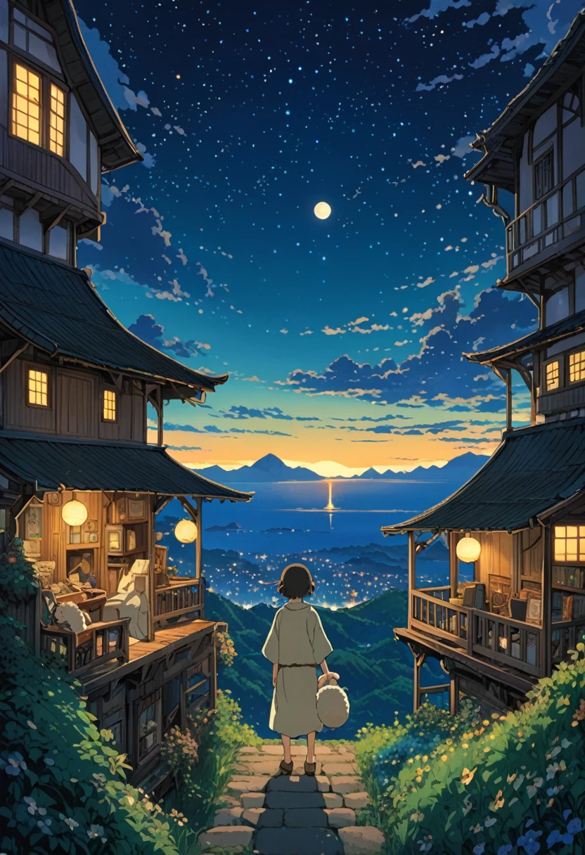 Studio Ghibli-style anime movies, Movie stills, Highest quality, masterpiece, Representative works, Official Art, Professional, Super intricate details, 8K, Sea of night,A sheep looking at the night sky,Visible in the distance