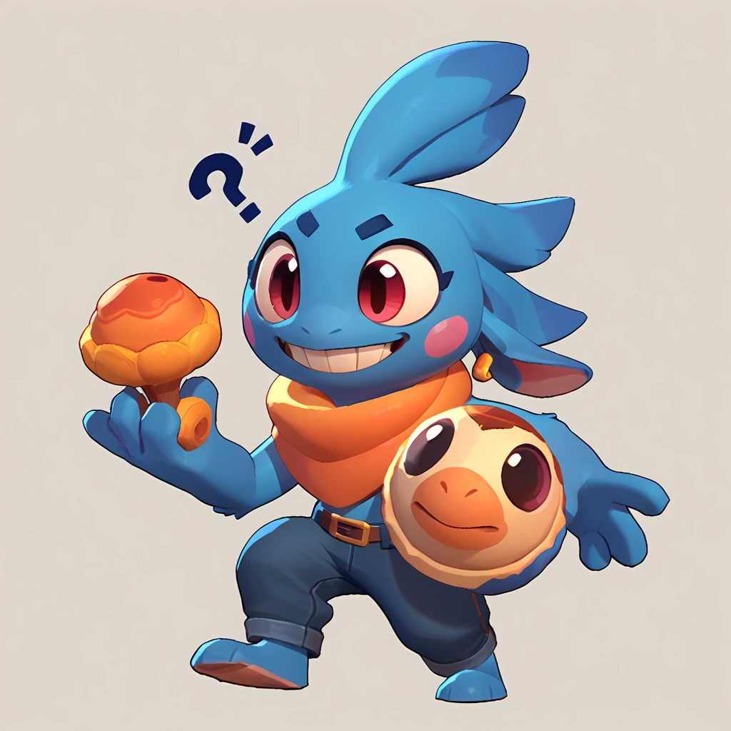 Full-length view of a round creature with blue fur, mascle, Long Earings, smiling, sharped teeth, wearing pants, friendly round creature, holding a question mark in his colorful hand