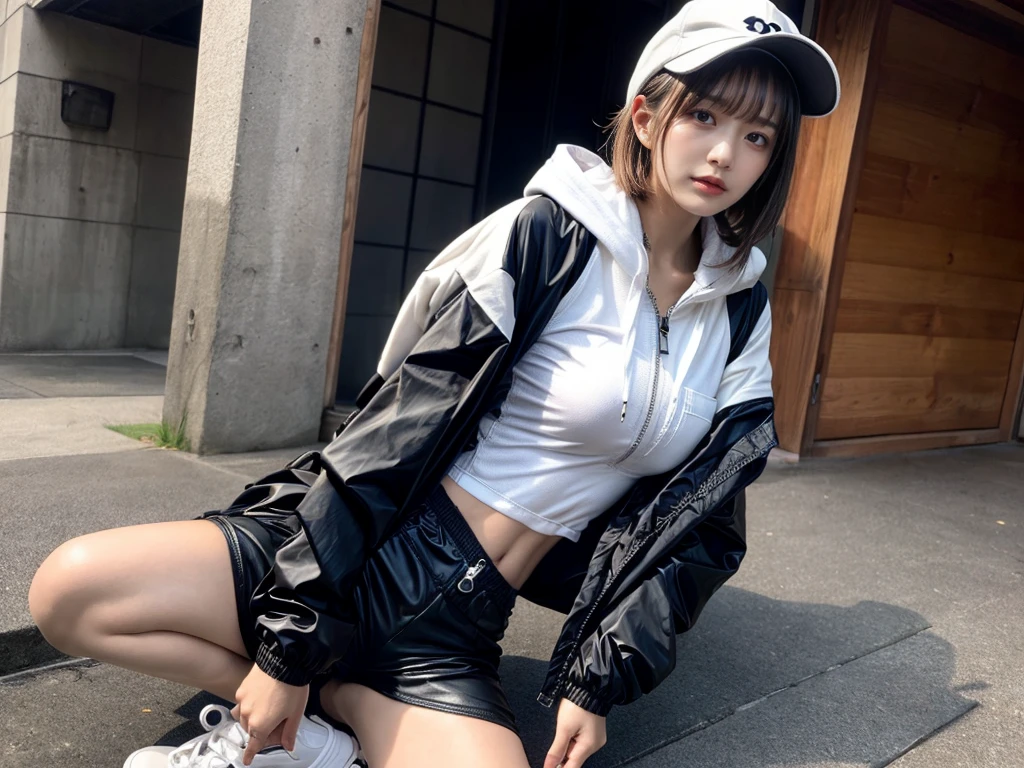 Masterpiece, 8K, award-winning photos, photorealistic, realistic, ultra detailed, ultra high definition, ray tracung, _ the most beautiful, Gravure quality for high-end fashion magazines, 22 years old ,(sexy,Japanese idol, gray hair, short hair),shiny skin , detailed skin , detailed face , perfect anatomy, 1girl~2girls,
_
BREAK (droopy eyes, Natural makeup:1.2),light color, crying a little, Harajuku style, huge breasts,
_
glowing blue eyes, tan skin,
_
BREAK (black and White theme:1.4), (oversized and baggy black outerwear:1.3), (fusion of black windbreaker and White hoodie:1.4), (black Nylon:1.4), ((zipper, large pocket):1.3), BREAK (black and white :1.2), (black platform high-cut sneakers:1.2),(Black leather short pants),(baseball cap),
Inorganic concrete studio with windows, highly detailed background, , ultra-realistic textures, dramatic lighting ,raw photo, _(dutch angle and curtsey ,on side:1.2), looking at viewer,