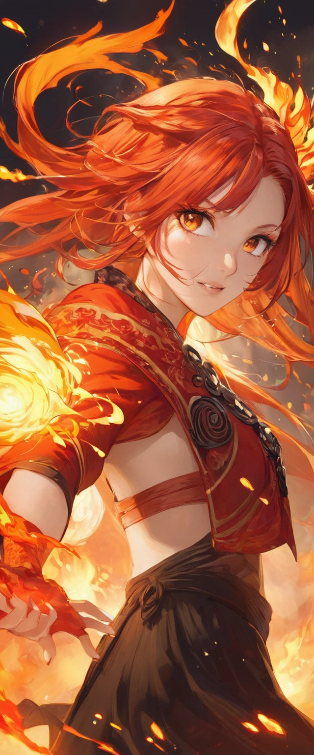 One girl, Female Fire Spirit, Fire-colored hair, Internal Fire, Put a few drops of sparks on your skin,