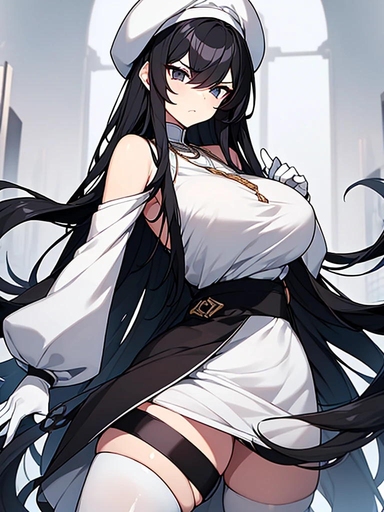1woman, long wavy black hair, white beret, perfect eyes, black eyes, angry face, white necklace, sexy black low-cut dress, White coat, long white stockings, black heels, long white gloves, big breasts, big ass, house background