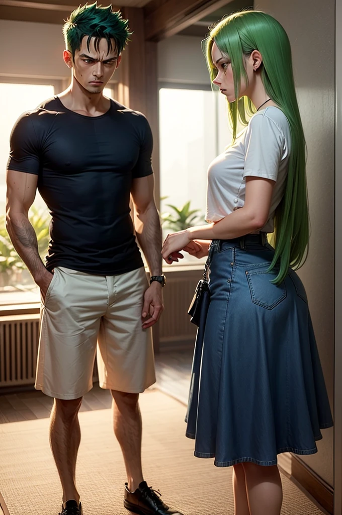 Big shirt and a denim skirt standing on short dark blue hair abim3 crying and with his hand in his hair Zoro looking at her calming her green hair he Luffy with a disappointed face more determined and thinking about Nami
