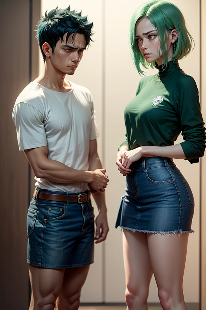 Big shirt and a denim skirt standing on short dark blue hair abim3 crying and with his hand in his hair Zoro looking at her calming her green hair he Luffy with a disappointed face more determined and thinking about Nami