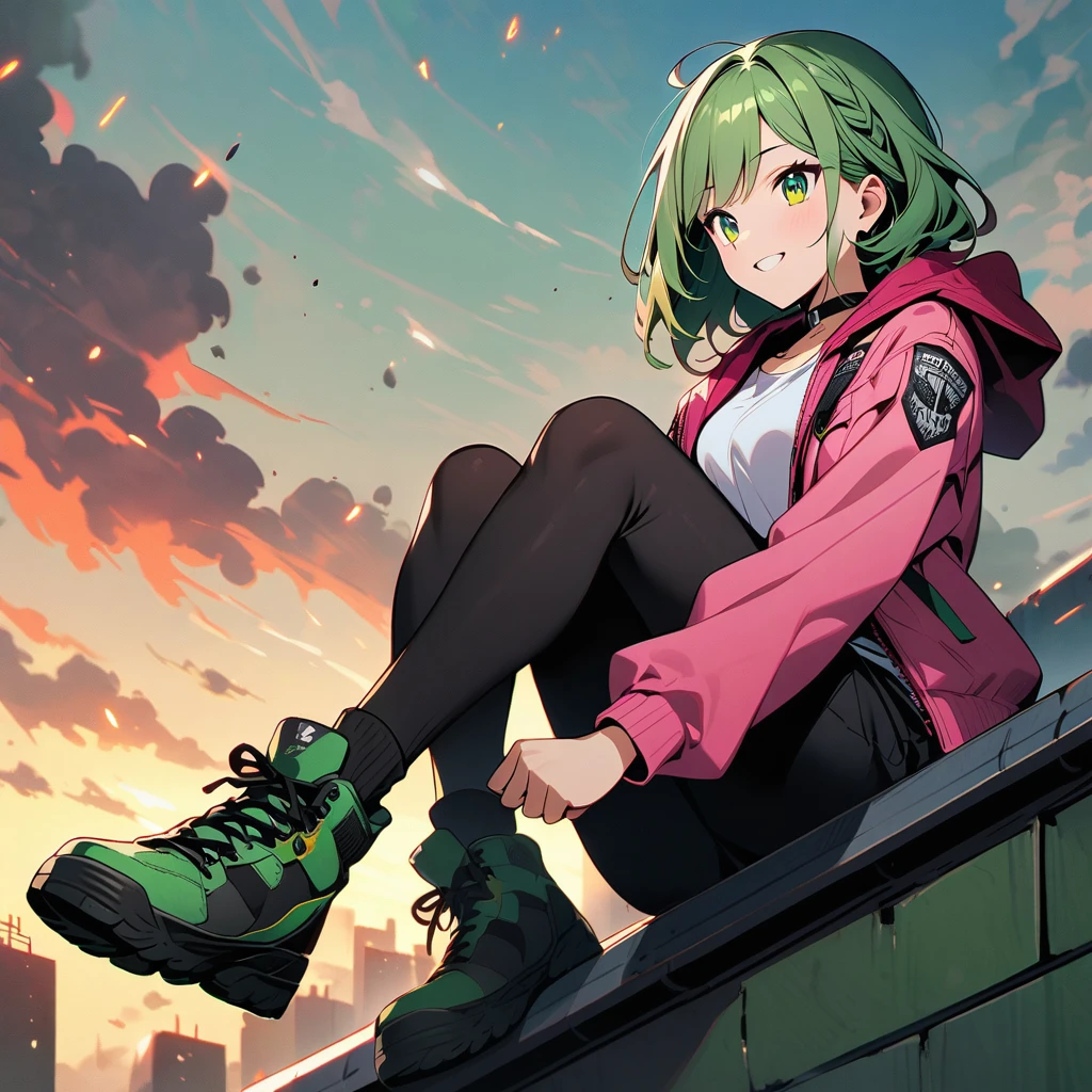 (well done: 1) woman, shoulder-length, slightly wavy green hair with green tips, green barrette in her hair, green eyes, black choker, white shirt, pink jacket with green details, black pants, green sneakers. sitting on top of a building with her desert eagles in her hands.