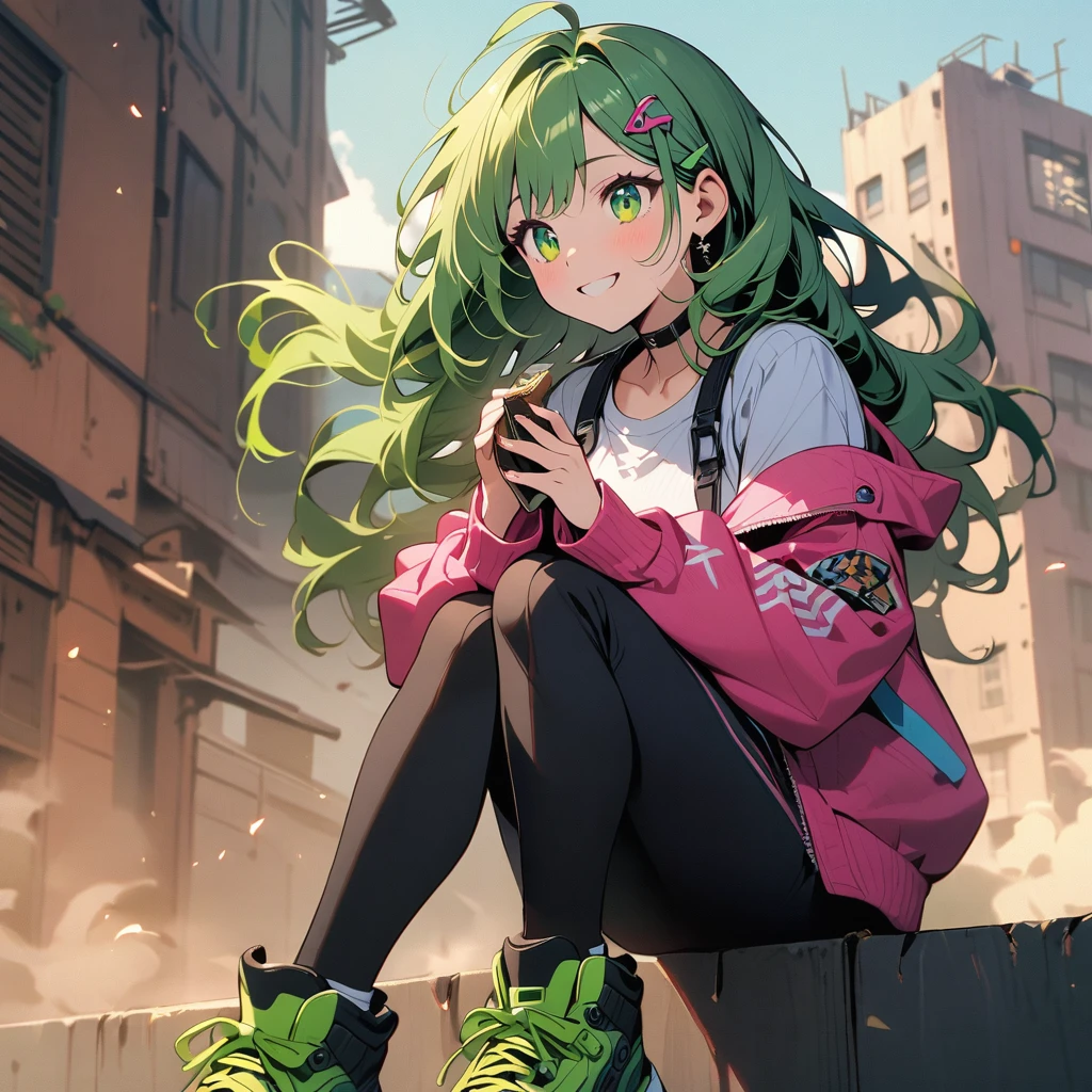 (well done: 1) woman, shoulder-length, slightly wavy green hair with green tips, green barrette in her hair, green eyes, black choker, white shirt, pink jacket with green details, black pants, green sneakers.   sitting on top of a building with her desert eagles in her hands.