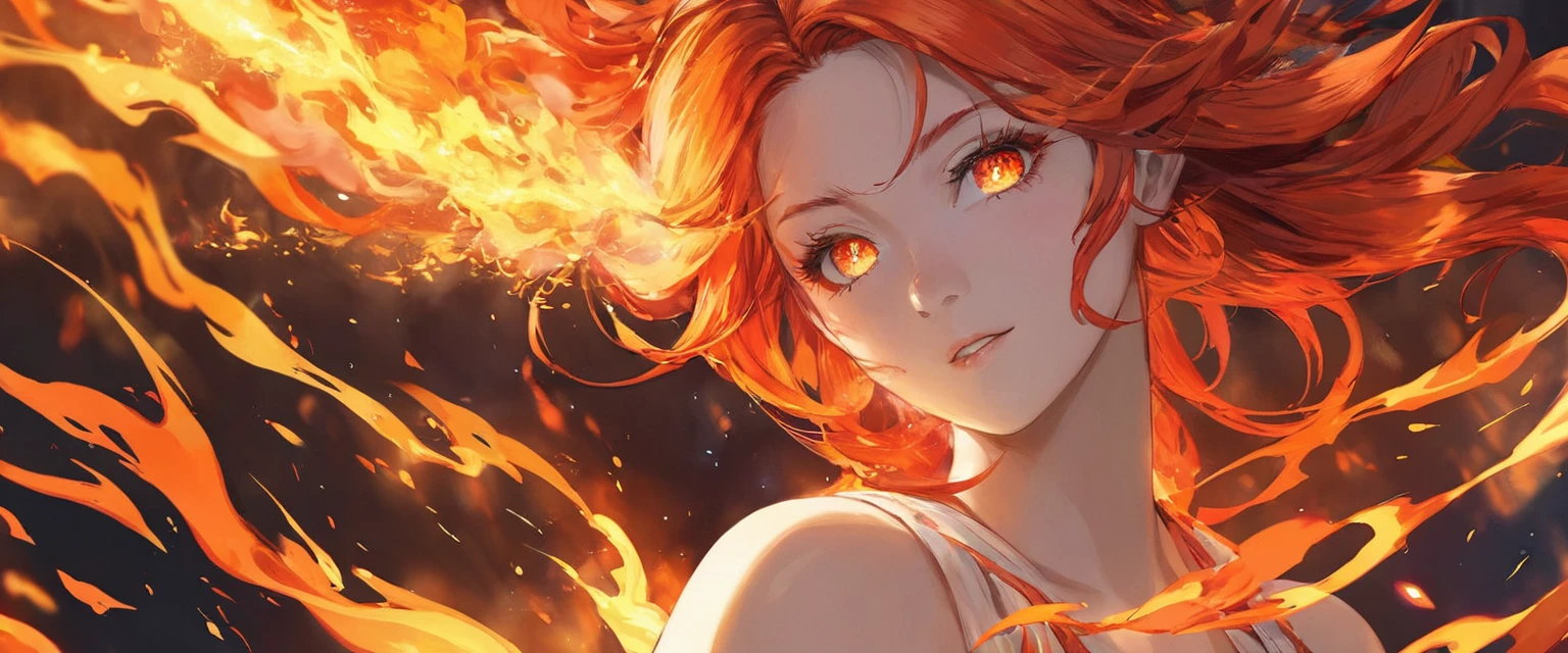 One girl, Female Fire Spirit, Fire-colored hair, Internal Fire, Put a few drops of sparks on your skin,