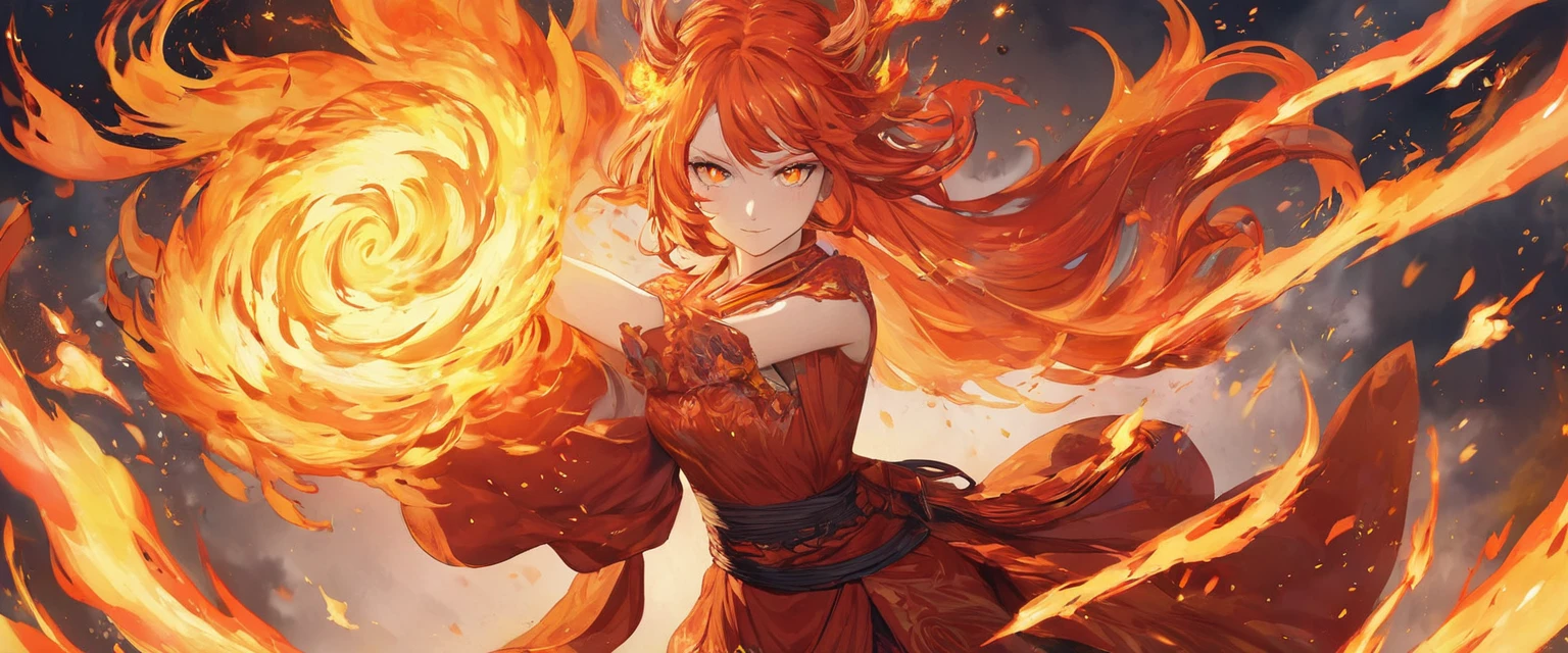 One girl, Female Fire Spirit, Fire-colored hair, Internal Fire, Put a few drops of sparks on your skin,