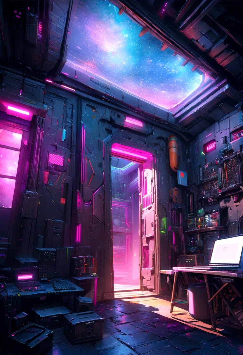 A smiling engineer opens the door to his cell phone and laptop electronics repair workshop, showing a clean and organized space, full space, of colors, illustration, soft lighting, soft details, futuristic air, octane rendering, High DefinitionR, trend on Artstation, 4k, 8k, High Definition