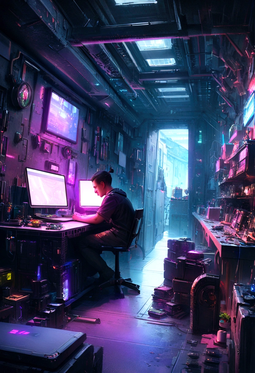 A smiling engineer opens the door to his cell phone and laptop electronics repair workshop, showing a clean and organized space, full space, of colors, illustration, soft lighting, soft details, futuristic air, octane rendering, High DefinitionR, trend on Artstation, 4k, 8k, High Definition