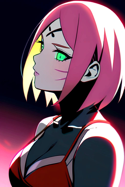 sakura4_wrise, boruto: naruto next generations, naruto shippuuden , 1girl, bangs, facial mark, green eyes, parted bangs, pink hair, red hairband, bra, short hair, solo, upper body ((masterpiece))