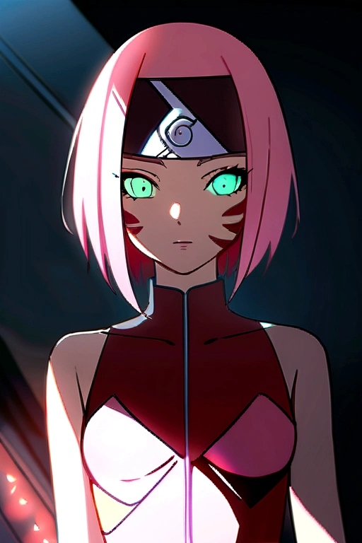 sakura4_wrise, boruto: naruto next generations, naruto shippuuden , 1girl, bangs, facial mark, green eyes, parted bangs, pink hair, red hairband, bra, short hair, solo, upper body ((masterpiece))
