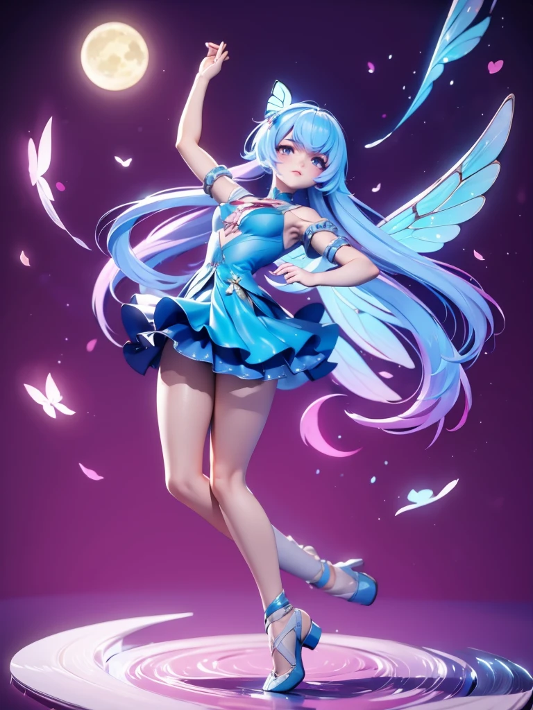 Seizo Watase style, Simple Line Initialism,Abstract art, 3d character, colorful hearts ,(((The most beautiful girl of all time))), (full body 1.2), only girl,very long hair, bufferfly and sky background, 25 year old, full body, (((8k))), (((3d)), blue and pink hair, Large butterfly wings on the back, moon, ballet dance, one hand raised above, hair divided on half
