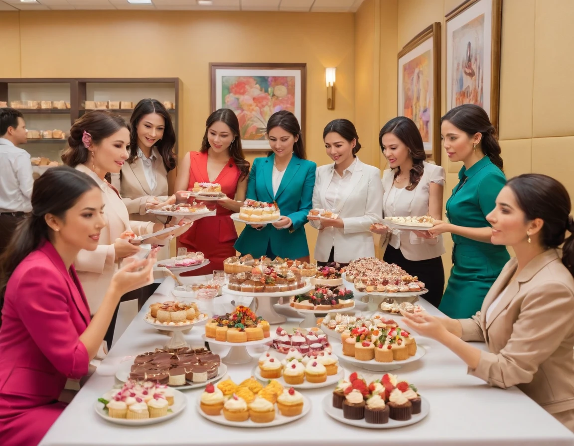 Create an image where there is a group of women gathered in a business room, there is a table with trays of desserts, as if they are undertaking, be women with Western appearances and Mexicans